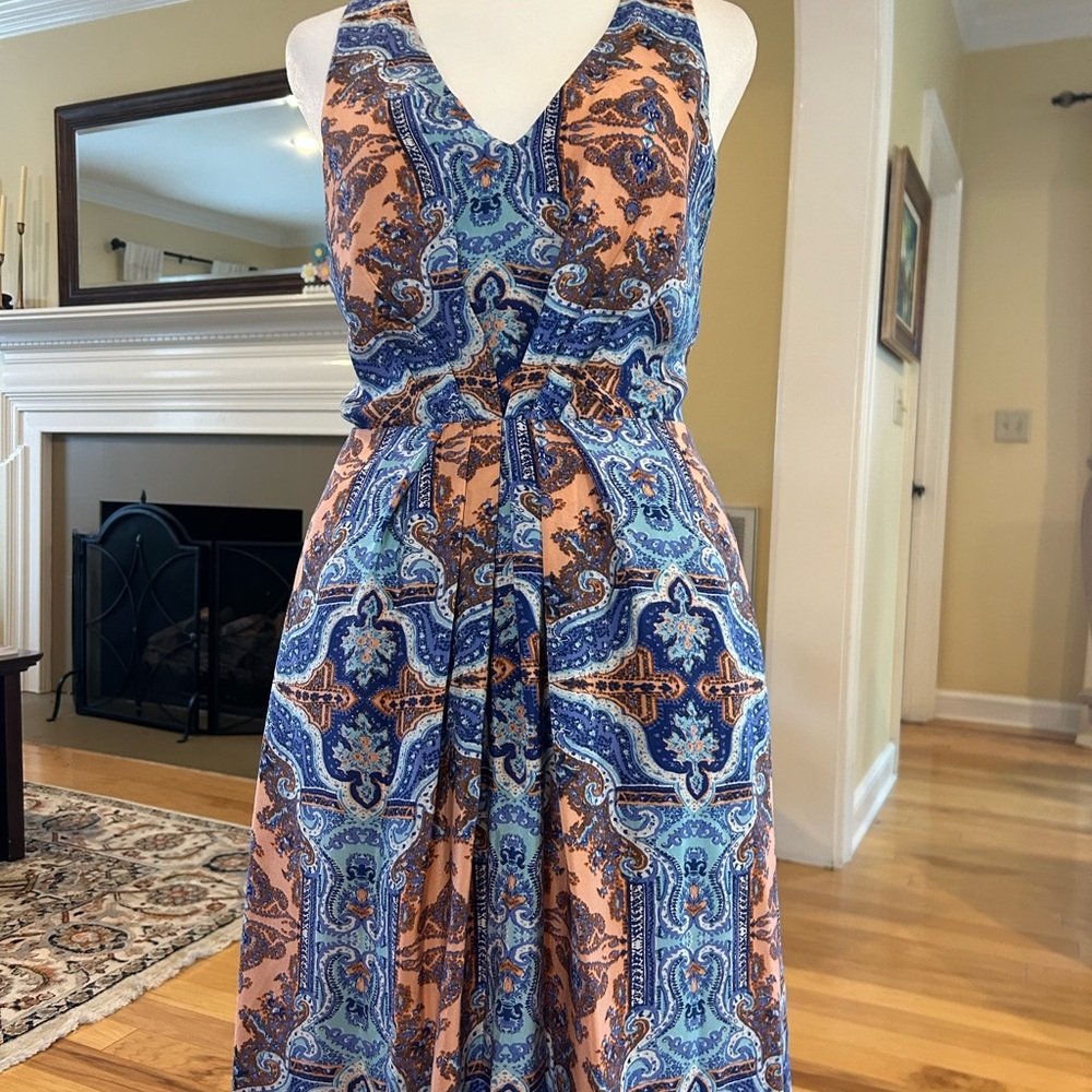 Maeve Anthropologie Paisley Medallion V-Neck Sleeveless Silk Maxi Dress - Picture 4 of 16